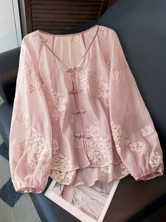 Women Patterned Puff Sleeve Button Design Elegant Blouse Fall Cloth For Women