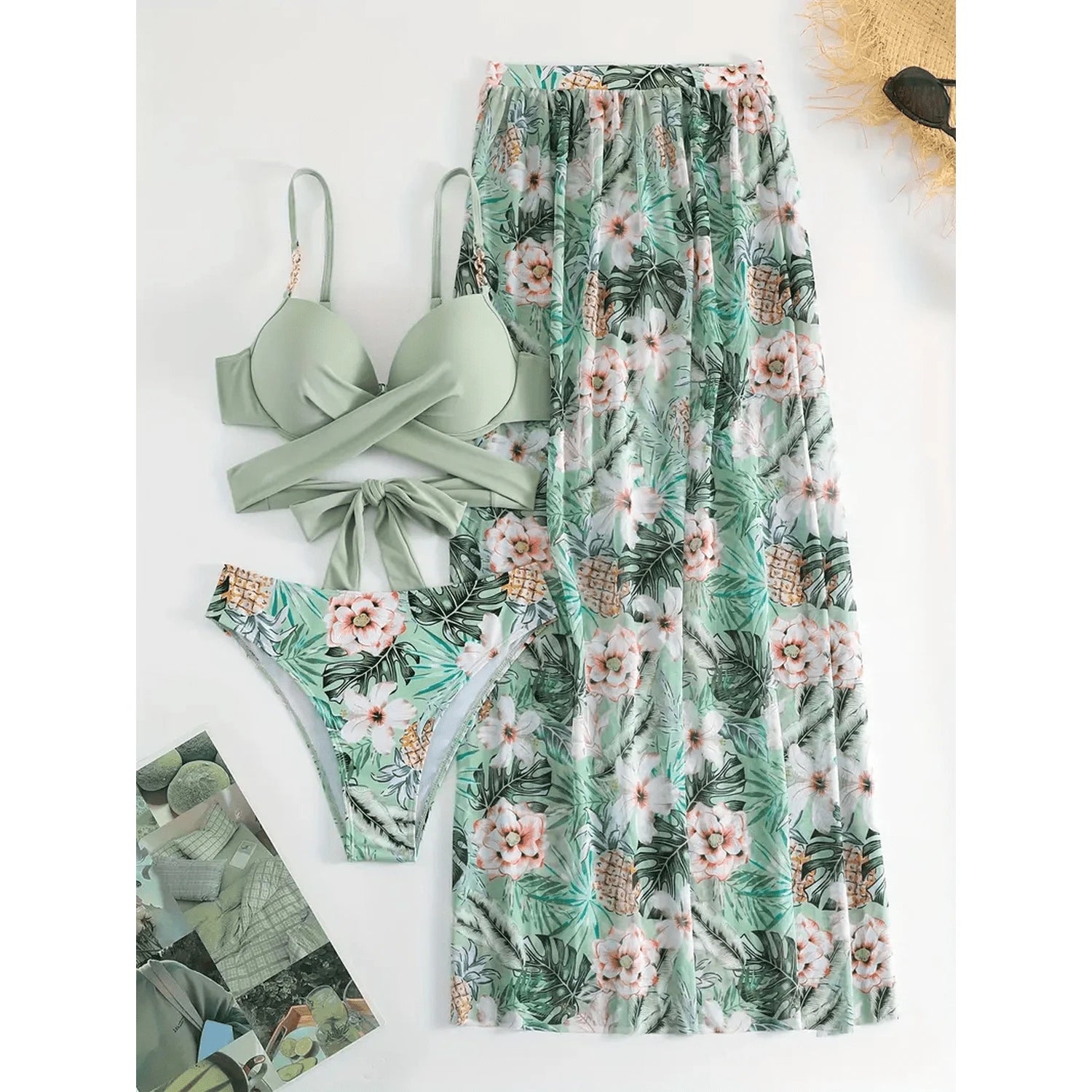 Women's 3 Piece Swimsuit Push Up Bikini Set High Waist Bathing Suit With Cover Up, Floral Print Beach Swimwear For Women, Adjustable Straps, Quick Dry