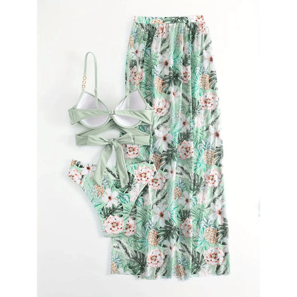 Women's 3 Piece Swimsuit Push Up Bikini Set High Waist Bathing Suit With Cover Up, Floral Print Beach Swimwear For Women, Adjustable Straps, Quick Dry