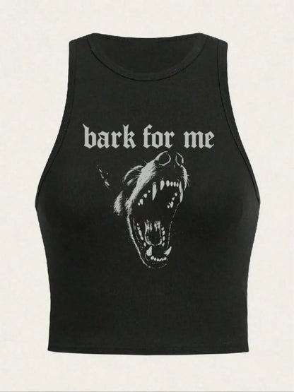 Women's Bark For Me Wolf Pattern Short Tank Top,Y2K Street Style Gothic Fashion Aesthetic Sleeveless Shirt,Streetwear Letter Print Crop Top Black Top