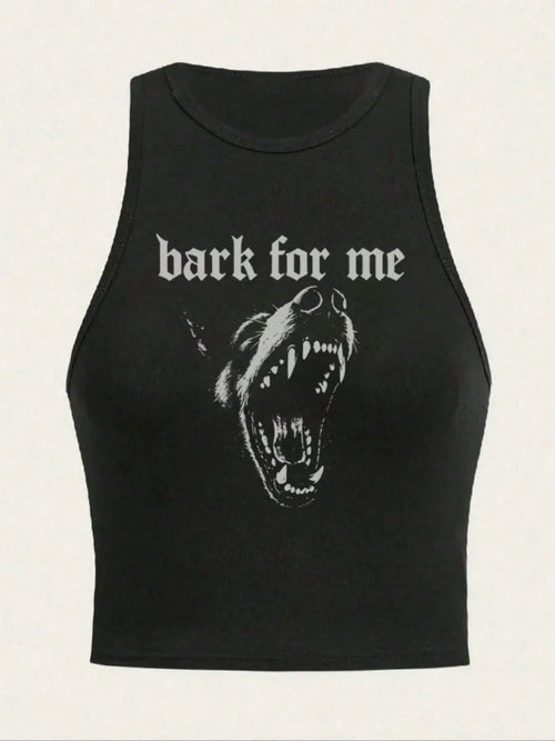 Women's Bark For Me Wolf Pattern Short Tank Top,Y2K Street Style Gothic Fashion Aesthetic Sleeveless Shirt,Streetwear Letter Print Crop Top Black Top
