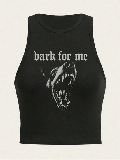 Women's Bark For Me Wolf Pattern Short Tank Top,Y2K Street Style Gothic Fashion Aesthetic Sleeveless Shirt,Streetwear Letter Print Crop Top Black Top