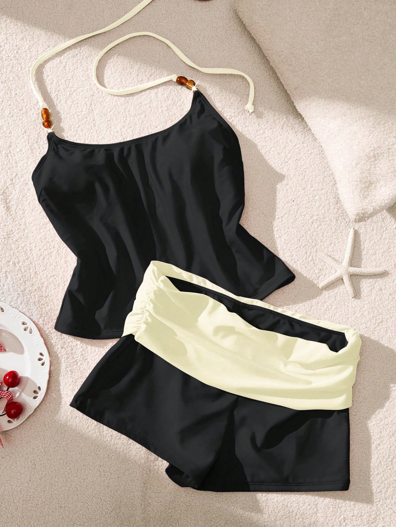 Women's Beaded Halter Tank Top And Colorblock Shorts Two-Piece Swimwear Set, Summer Vacation Beach, Back To School Black, Resort Wear