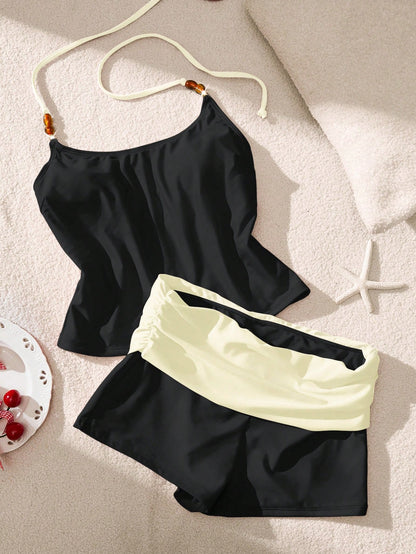Women's Beaded Halter Tank Top And Colorblock Shorts Two-Piece Swimwear Set, Summer Vacation Beach, Back To School Black, Resort Wear