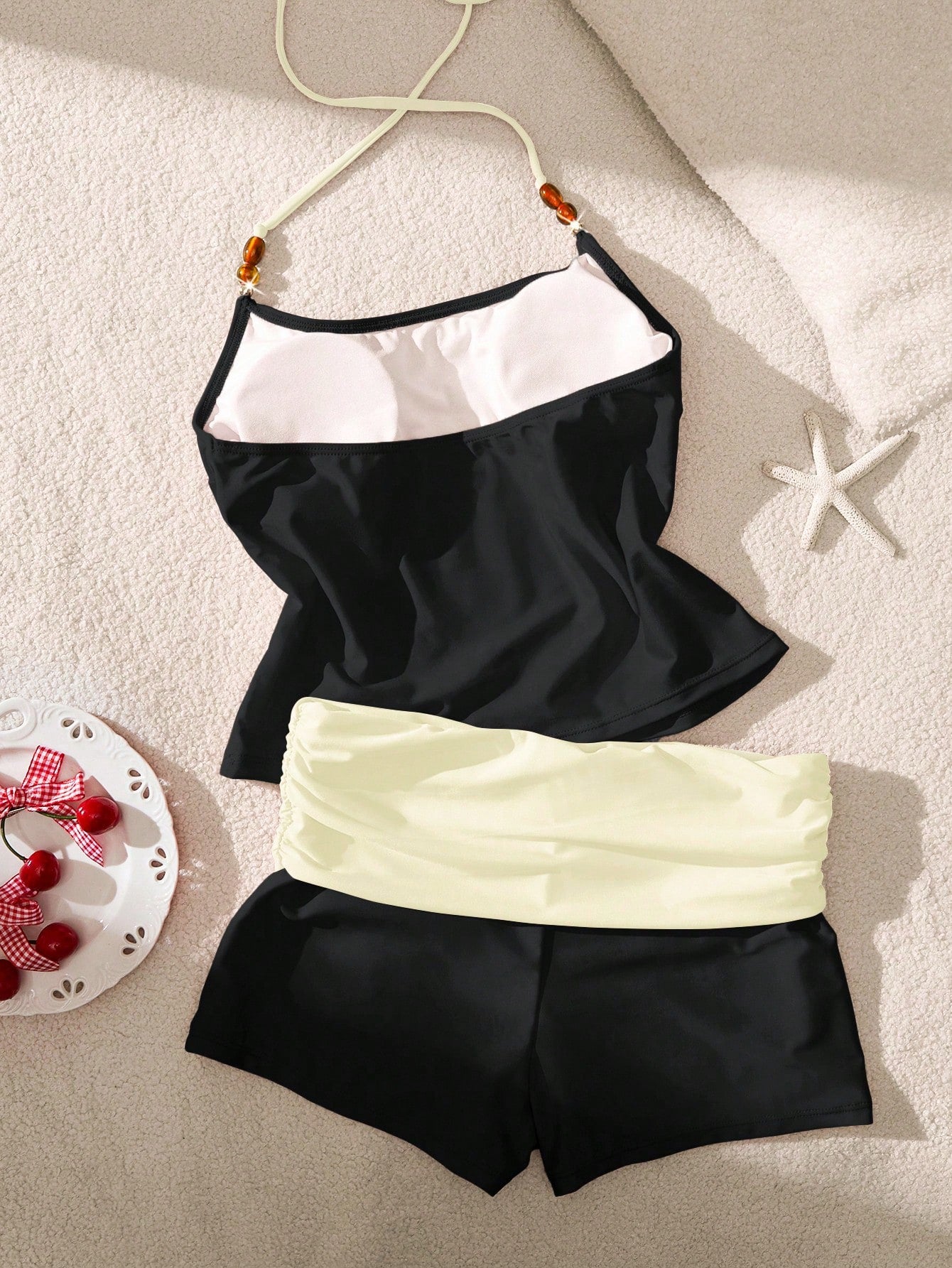 Women's Beaded Halter Tank Top And Colorblock Shorts Two-Piece Swimwear Set, Summer Vacation Beach, Back To School Black, Resort Wear