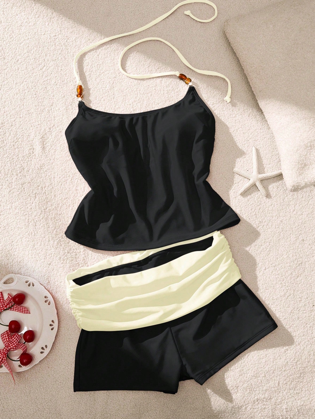 Women's Beaded Halter Tank Top And Colorblock Shorts Two-Piece Swimwear Set, Summer Vacation Beach, Back To School Black, Resort Wear