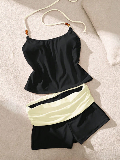 Women's Beaded Halter Tank Top And Colorblock Shorts Two-Piece Swimwear Set, Summer Vacation Beach, Back To School Black, Resort Wear