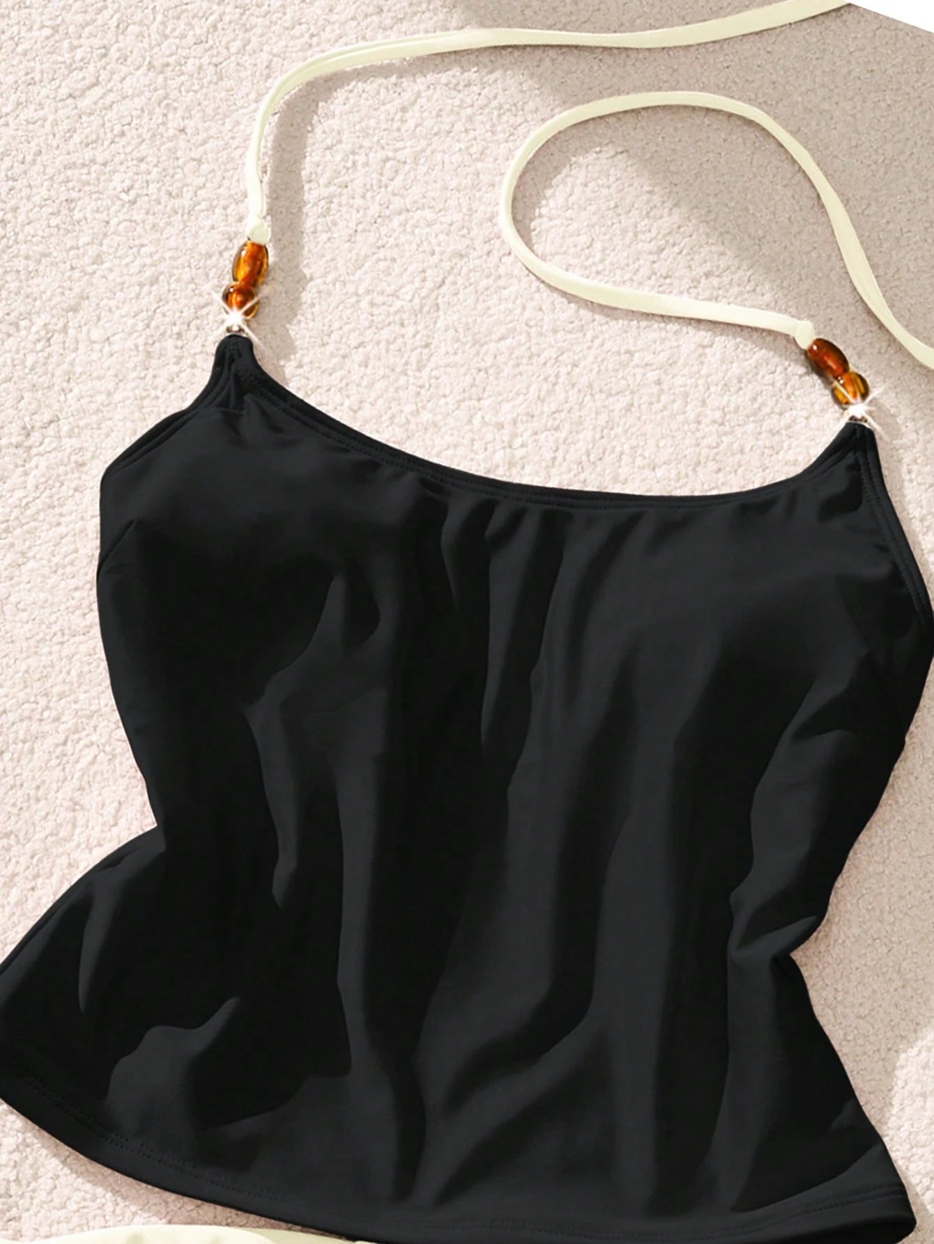 Women's Beaded Halter Tank Top And Colorblock Shorts Two-Piece Swimwear Set, Summer Vacation Beach, Back To School Black, Resort Wear