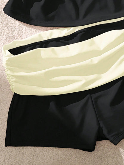 Women's Beaded Halter Tank Top And Colorblock Shorts Two-Piece Swimwear Set, Summer Vacation Beach, Back To School Black, Resort Wear
