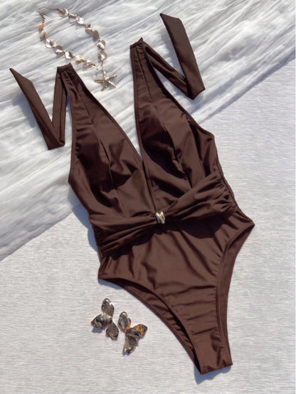 Women's Black Deep V-Neck Halter One-Piece Swimsuit, Metal Buckle Twist Waist Design, Sexy Fitted Beach Holiday Photo Swimwear Vacation Summer