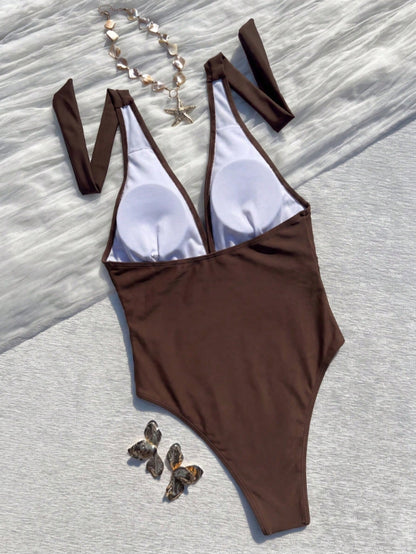 Women's Black Deep V-Neck Halter One-Piece Swimsuit, Metal Buckle Twist Waist Design, Sexy Fitted Beach Holiday Photo Swimwear Vacation Summer