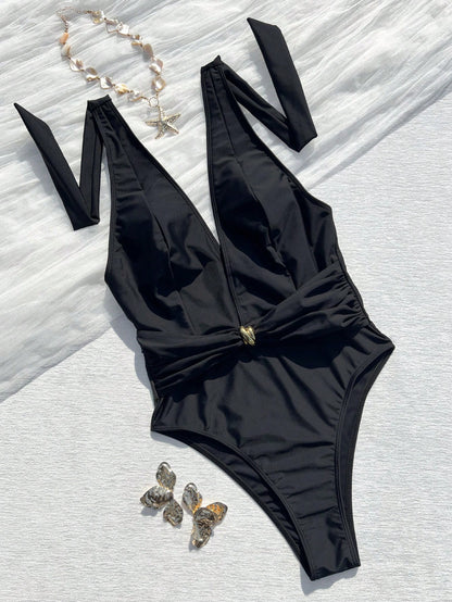 Women's Black Deep V-Neck Halter One-Piece Swimsuit, Metal Buckle Twist Waist Design, Sexy Fitted Beach Holiday Photo Swimwear Vacation Summer