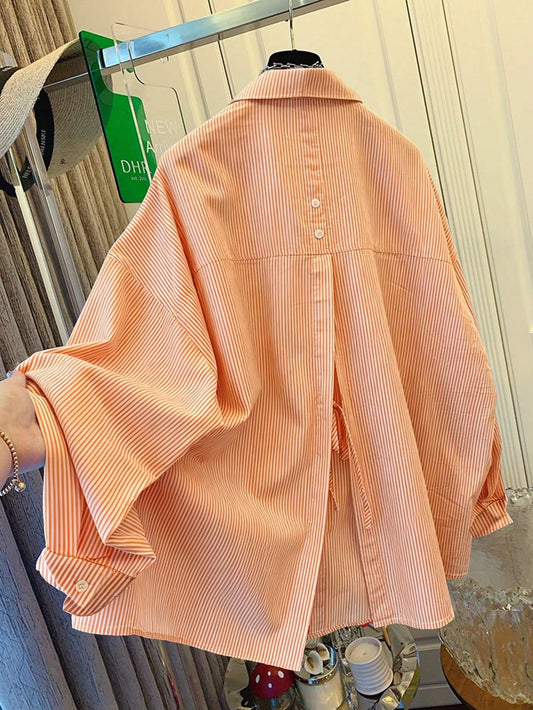Women's Blue & White Striped Loose Fit Shirt, Tie Back Design, Suitable For Commuting, Casual Wear, Beach, Vacation, Coastal