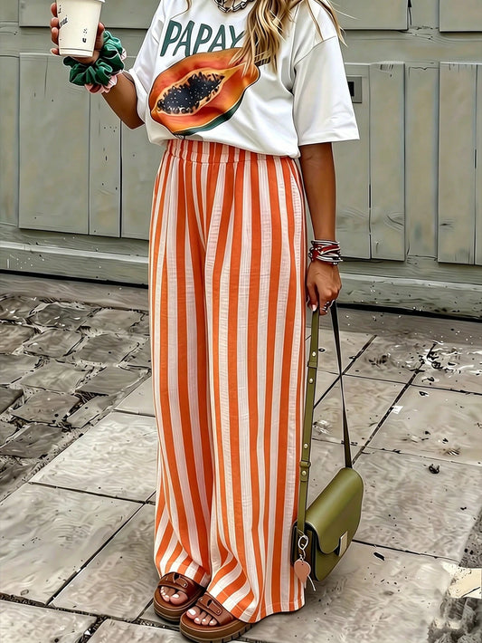Women's Blue & White Striped Woven Wide Leg Casual Beach Pants, Spring/Summer Striped Pants With Pockets For Holiday Wear, Resort Wear