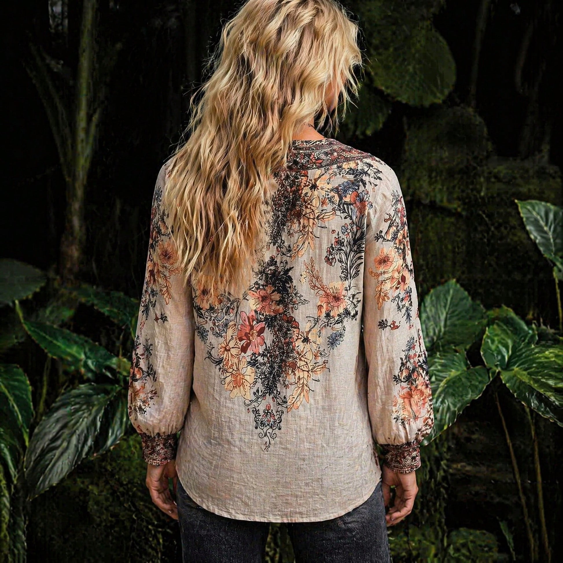 Women's Bohemian Print V-Neck Long Sleeve Blouse, Regular Fit Woven Fabric, Suitable For Autumn Wear Vacation