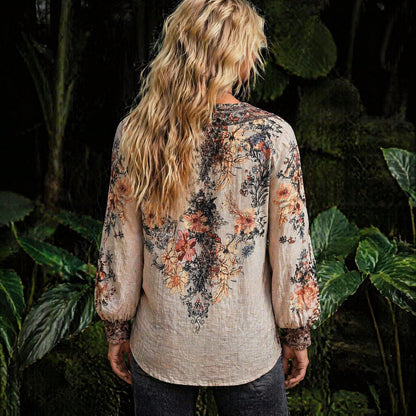 Women's Bohemian Print V-Neck Long Sleeve Blouse, Regular Fit Woven Fabric, Suitable For Autumn Wear Vacation