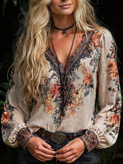 Women's Bohemian Print V-Neck Long Sleeve Blouse, Regular Fit Woven Fabric, Suitable For Autumn Wear Vacation