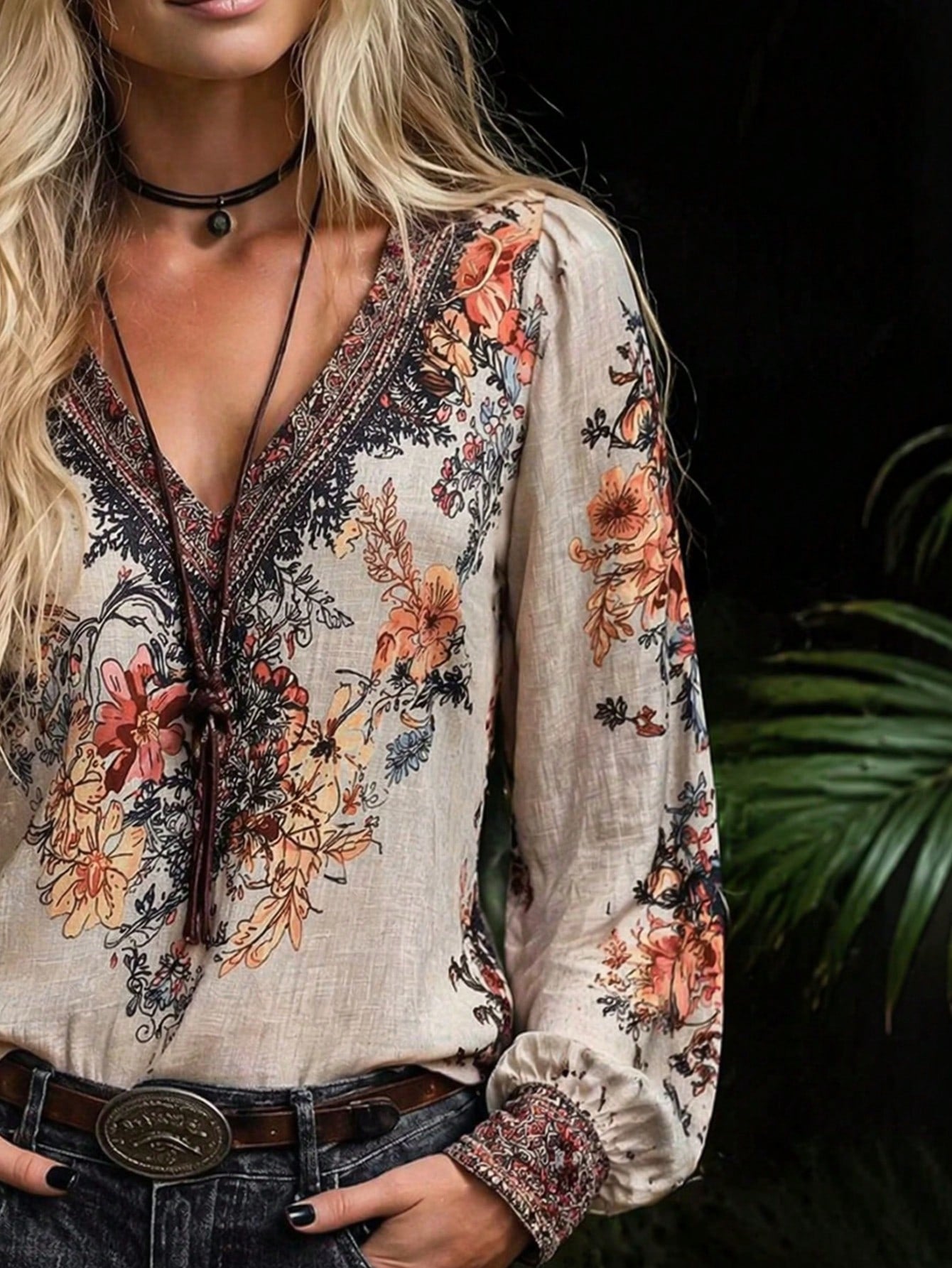Women's Bohemian Print V-Neck Long Sleeve Blouse, Regular Fit Woven Fabric, Suitable For Autumn Wear Vacation