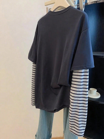Women's Casual Floral Print & Striped Patchwork T-Shirt Fall Cloth For Women