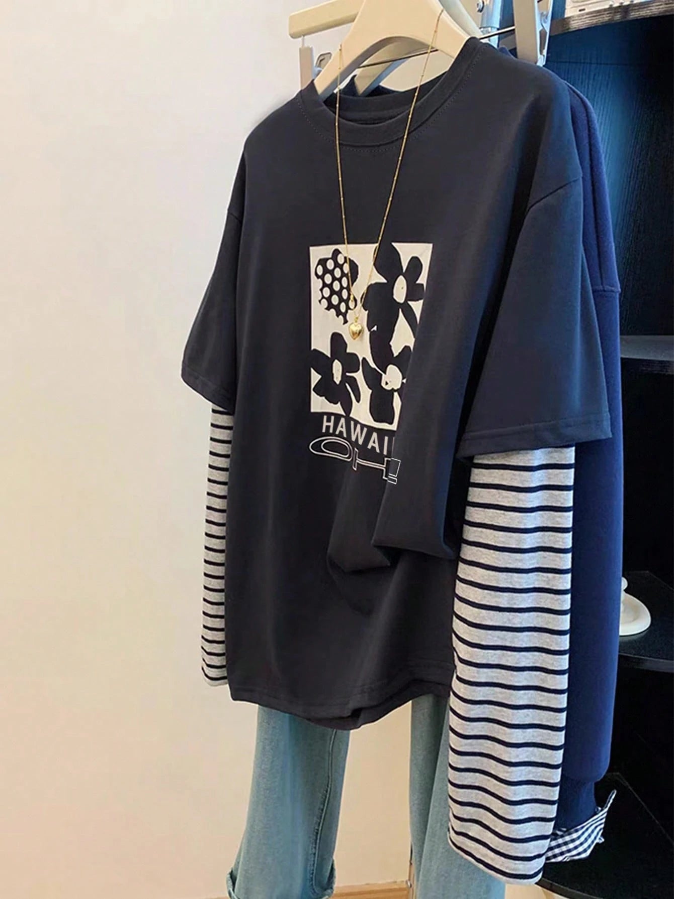 Women's Casual Floral Print & Striped Patchwork T-Shirt Fall Cloth For Women