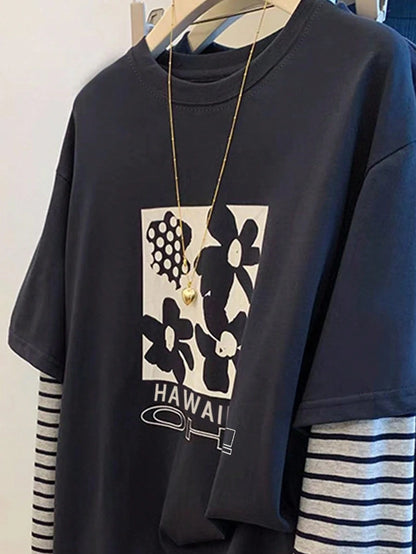 Women's Casual Floral Print & Striped Patchwork T-Shirt Fall Cloth For Women