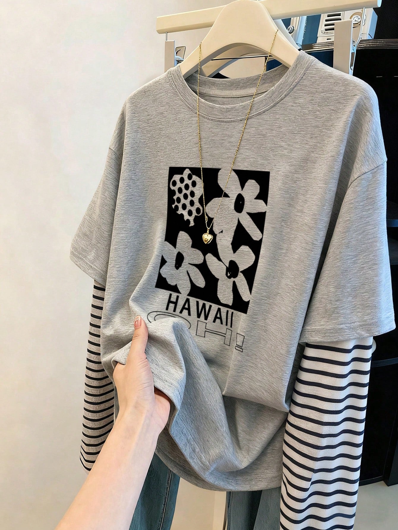 Women's Casual Floral Print & Striped Patchwork T-Shirt Fall Cloth For Women