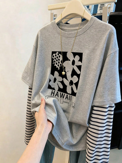 Women's Casual Floral Print & Striped Patchwork T-Shirt Fall Cloth For Women