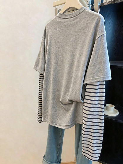 Women's Casual Floral Print & Striped Patchwork T-Shirt Fall Cloth For Women