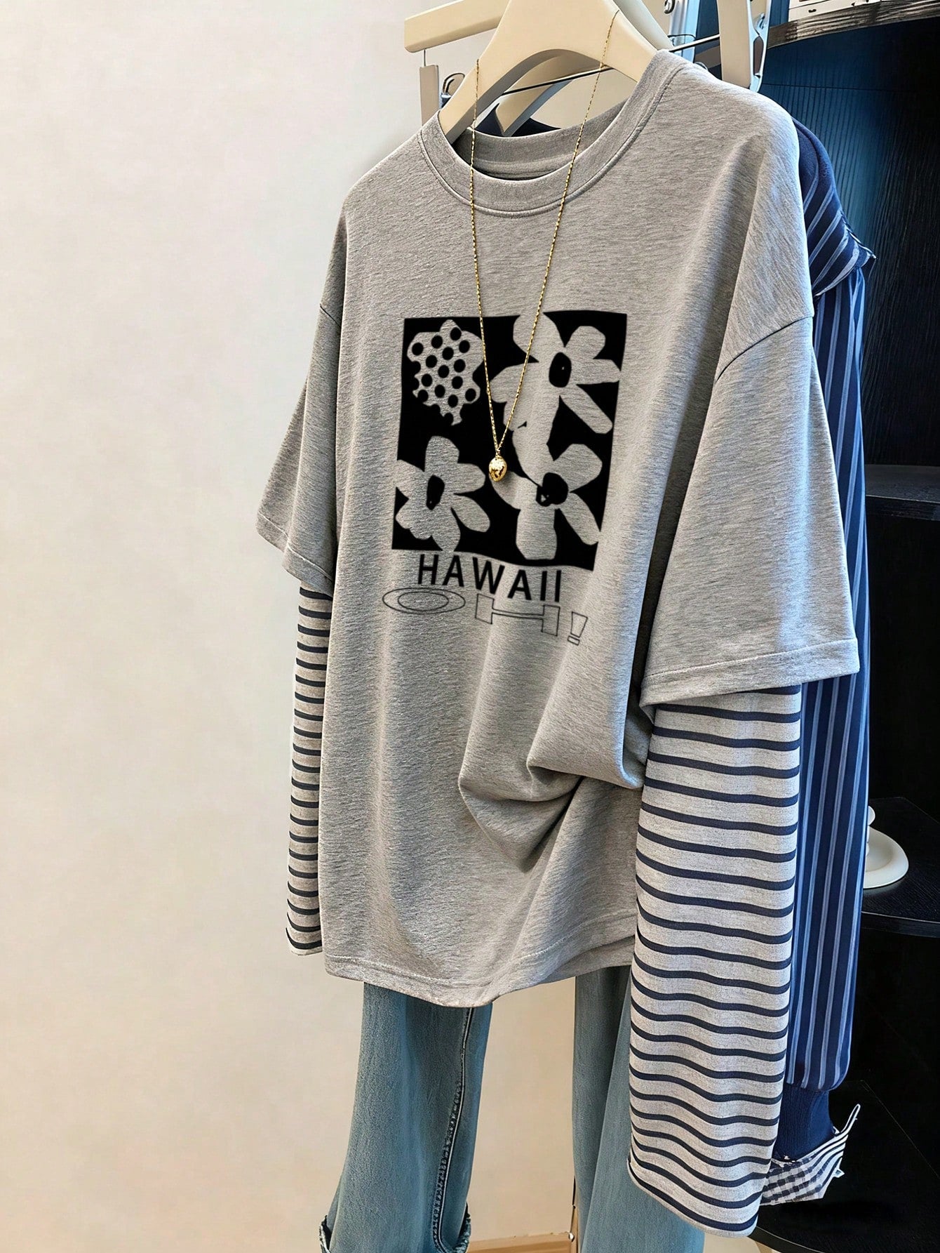 Women's Casual Floral Print & Striped Patchwork T-Shirt Fall Cloth For Women
