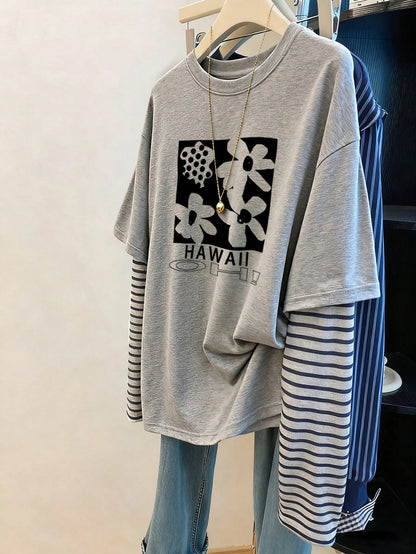 Women's Casual Floral Print & Striped Patchwork T-Shirt Fall Cloth For Women