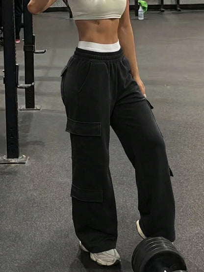 Women's Casual Pocket Straight Leg Loose Fit Cargo Pants For Daily Commute Black, Streetwear, High Waisted Fall