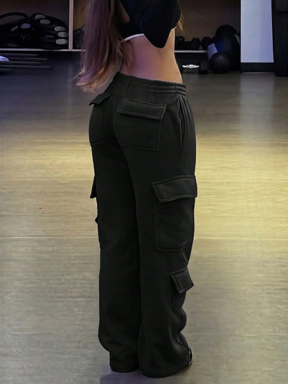 Women's Casual Pocket Straight Leg Loose Fit Cargo Pants For Daily Commute Black, Streetwear, High Waisted Fall