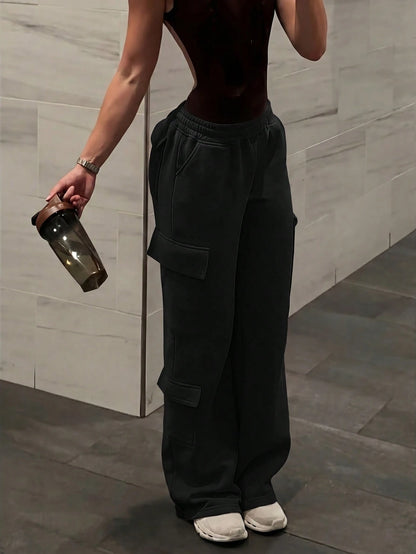 Women's Casual Pocket Straight Leg Loose Fit Cargo Pants For Daily Commute Black, Streetwear, High Waisted Fall