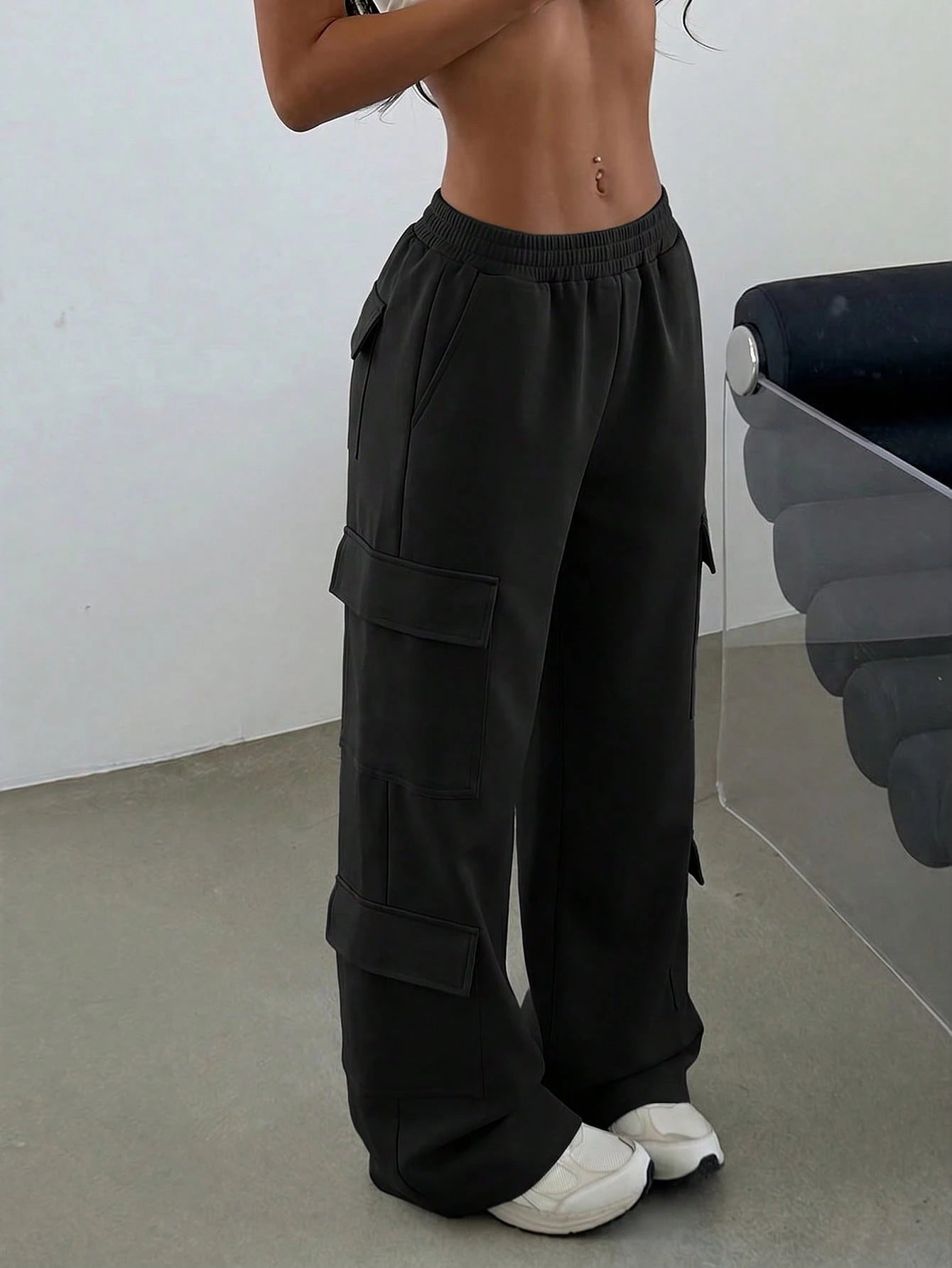 Women's Casual Pocket Straight Leg Loose Fit Cargo Pants For Daily Commute Black, Streetwear, High Waisted Fall