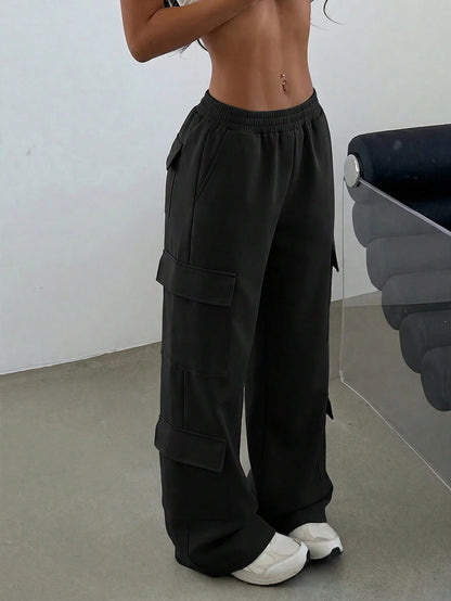 Women's Casual Pocket Straight Leg Loose Fit Cargo Pants For Daily Commute Black, Streetwear, High Waisted Fall