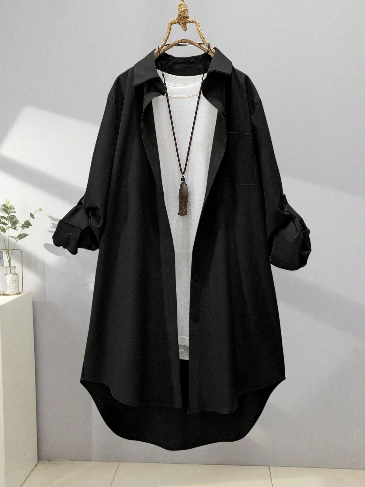 Women's Casual Solid Color Front Button Long Sleeve Shirt Black