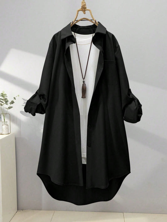 Women's Casual Solid Color Front Button Long Sleeve Shirt Black