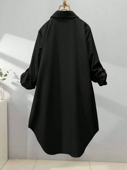 Women's Casual Solid Color Front Button Long Sleeve Shirt Black