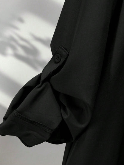 Women's Casual Solid Color Front Button Long Sleeve Shirt Black