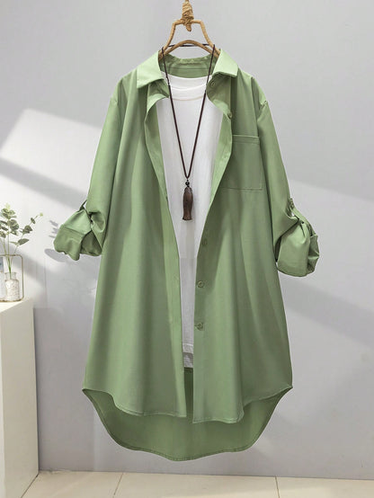 Women's Casual Solid Color Front Button Long Sleeve Shirt Black