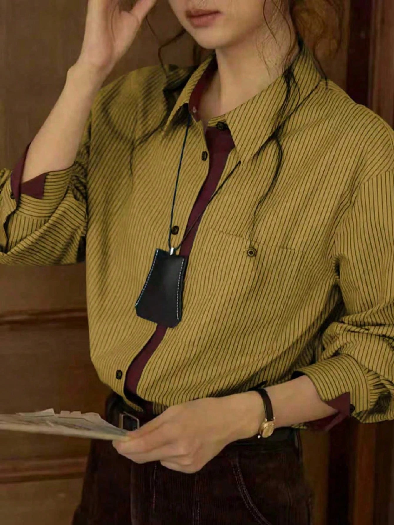 Women's Casual Striped Print Patchwork Pocket Long Sleeve Shirt, Suitable For Spring/Autumn, Work And Daily Wear Yellow