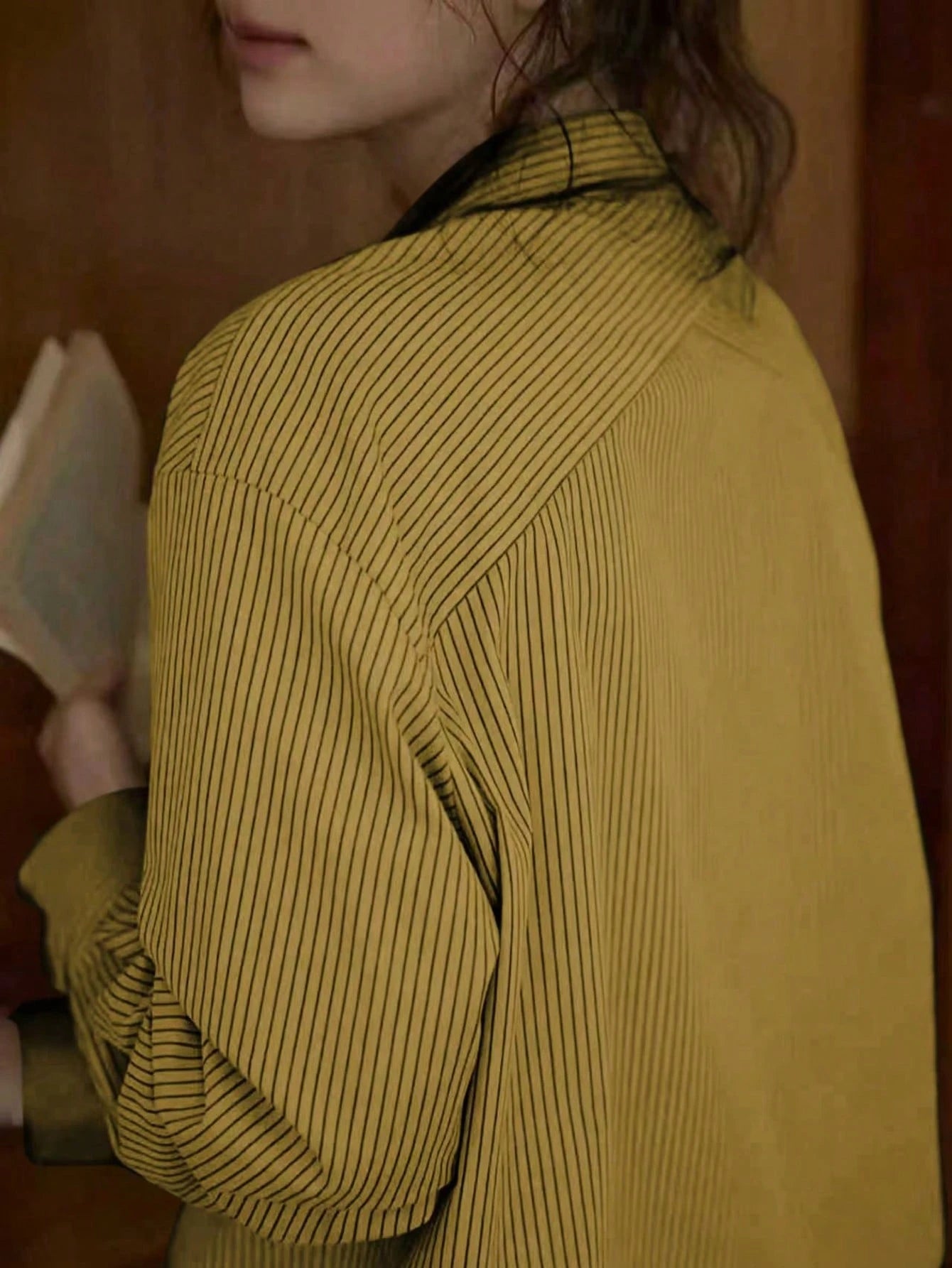 Women's Casual Striped Print Patchwork Pocket Long Sleeve Shirt, Suitable For Spring/Autumn, Work And Daily Wear Yellow