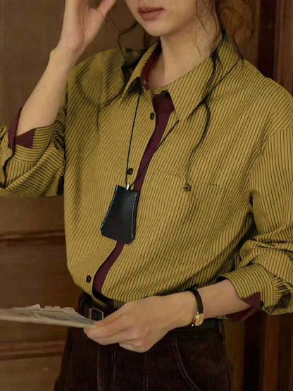 Women's Casual Striped Print Patchwork Pocket Long Sleeve Shirt, Suitable For Spring/Autumn, Work And Daily Wear Yellow