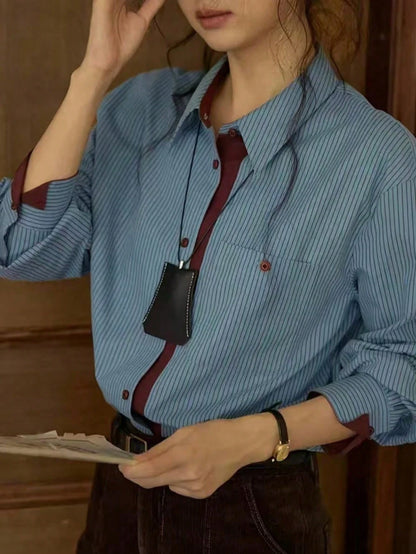 Women's Casual Striped Print Patchwork Pocket Long Sleeve Shirt, Suitable For Spring/Autumn, Work And Daily Wear Yellow