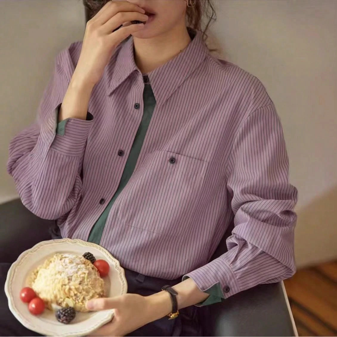 Women's Casual Striped Print Patchwork Pocket Long Sleeve Shirt, Suitable For Spring/Autumn, Work And Daily Wear Yellow