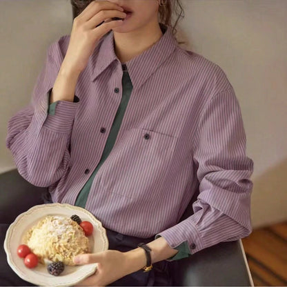 Women's Casual Striped Print Patchwork Pocket Long Sleeve Shirt, Suitable For Spring/Autumn, Work And Daily Wear Yellow