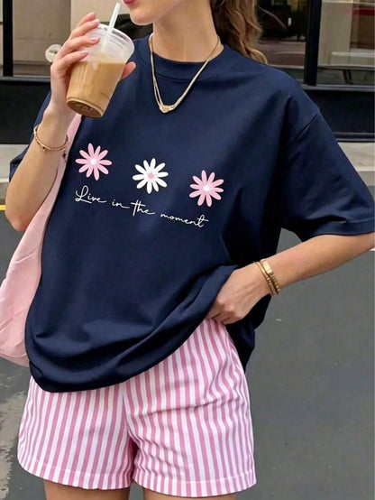 Women's Casual Style T-Shirt With Floral And Letter Print, Soft Fabric, Loose Fit, Round Neck, Short Sleeves, Suitable Combinable-Summer Vacation Te