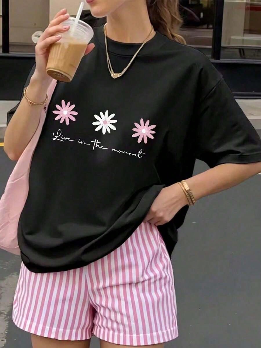 Women's Casual Style T-Shirt With Floral And Letter Print, Soft Fabric, Loose Fit, Round Neck, Short Sleeves, Suitable Combinable-Summer Vacation Te