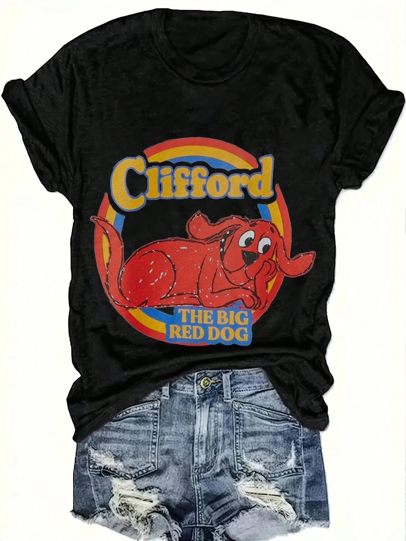 Women'S Clifford The Big Red Dog Graphic T-Shirt- Casual Round Neck Short Sleeve Tee, Soft & Comfortable Fit, Gray With Vibrant Red & Yello