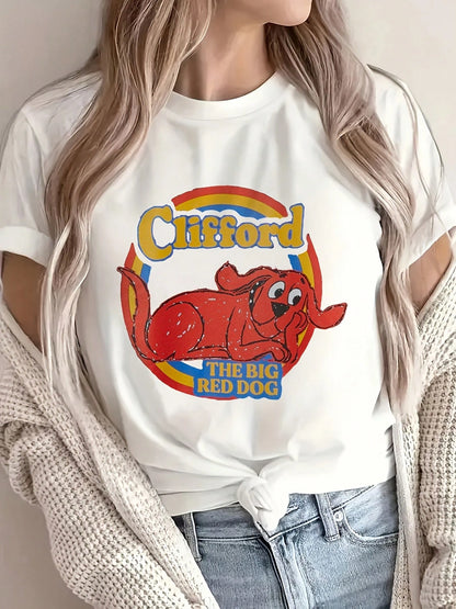 Women'S Clifford The Big Red Dog Graphic T-Shirt- Casual Round Neck Short Sleeve Tee, Soft & Comfortable Fit, Gray With Vibrant Red & Yello